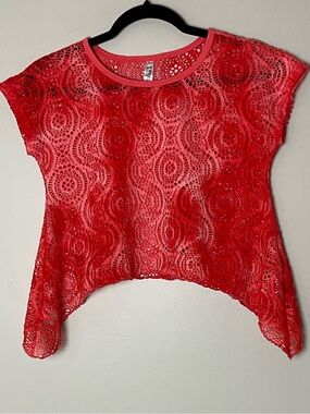 Beautees Women’s Orange Lace Cropped Sharkbite Hemline Top Y2K Festival Size L